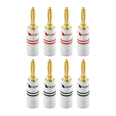 Afbeelding van Nakamichi 24K vergulde bananenstekker 12 AWG 18 Maatmaat 4 mm flexibele aansluiting van de kabels, hifi boxen, versterkers, AV receivers, geluids en stereosystemen 8 stuks (4 paar)