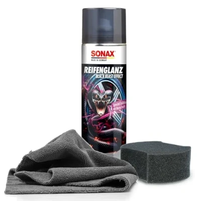 Afbeelding van Sonax bandenverzorgingsset voor autobanden, speciale editie, 500 ml + applicatorpad microvezeldoek, glansspray onderhoud en opfrissen van banden