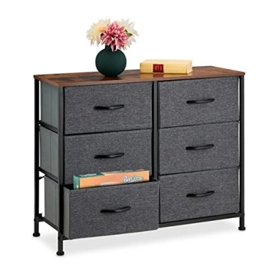Afbeelding van Relaxdays ladekast, HxBxD 63 x 80 30 cm, metaal, houtlook, 6 lades van stof, plank, modern dressoir, hal, meerkleurig