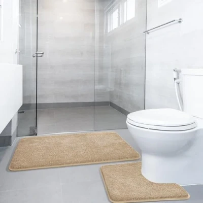 Afbeelding van SOANNY Badmat 2 delig Set, Luxe Dikte Zachte Badkamerkleed, 50x80 cm &amp; 50x50 Toiletmat, Wasbare Badmatten Absorberend Badkleed Antislip Badkuip Douchematt, Kamel