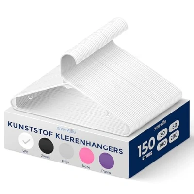 Afbeelding van SereneLife Kleerhanger Plastic Hangers Antislip Ruimtebesparende Kledinghangers 150 Stuks Duurzaam en Sterk voor Hemden, Truien, Hoodies, Kinderkleding Jurken Lichtgewicht Wit