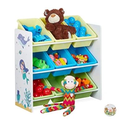 Afbeelding van Relaxdays kinderkast 9 opbergkisten, zeemeermin print, MDF, kunststof, speelgoedkast HxBxD: 67 x 65 31,5 cm, gekleurd