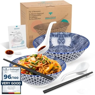 Afbeelding van Ramen Schaal Dinerset voor 2 Personen van Porselein 20cm, Inhoud 0,8 1 L, Soepkom, Saladeschaal, Pho Bowl, Noedels, Mueslikommen, Soepkom (Seigaiha)