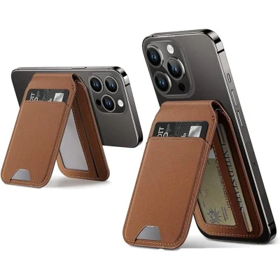 Afbeelding van vegan lederen portemonneehoesje met standaard. Magsafe portemonnee en verstelbare standaard, compatibel de iPhone 15/14/13/12 serie, niet 13/12 mini, 3 kaarthouders Bruin