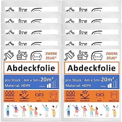 Afbeelding van ZWERKZEUG® 10 stuks 4 m x 5 kunststoffolie, stofbescherming, transparant, kunststof zeil, schilderzeil, dekzeil voor renovatiewerkzaamheden (7μm stuks)
