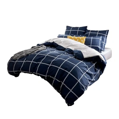 Afbeelding van Sonive Beddengoedset, microvezel, 140 x 200 cm, 65 cm 1, eenvoudige marineblauwe ruiten