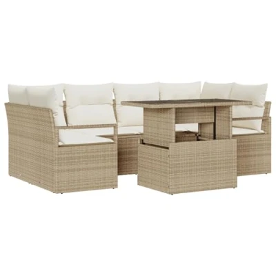 Afbeelding van vidaXL 7 delige tuin sofa set met kussens beige poly rattan, 2 zits rattan
