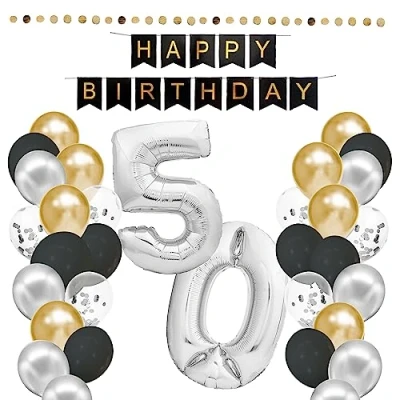 Afbeelding van envami® Verjaardagsdecoratie voor de 50e verjaardag, mannen en vrouwen, feestdecoratie, ballonnen Happy Birthday slinger, verjaardagsdecoraties, man vrouw