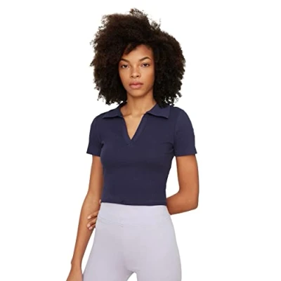 Afbeelding van Trendyol Fuchsia Getailleerde Cropped Polohals Geribde Stretch Gebreide Blouse Twoss21Bz0038