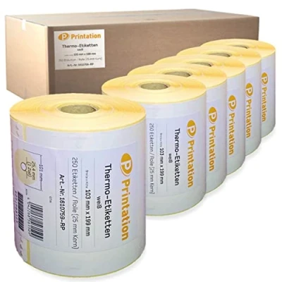 Afbeelding van Printation verzendlabels 103 x 199 mm wit DHL, DPD, GLS, UPS 1500 103x199 thermische op 6 rollen 250 etiketten per rol Thermodirect permanent pakketsticker Zebra