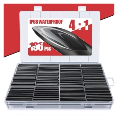 Afbeelding van Eventronic 4:1 krimpverhouding krimpkousenset, 196 stuks dubbelwandig met lijm krimpkous waterdicht marine heat shrink tubing zwart