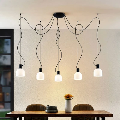 Afbeelding van Lucande hanglamp 5 lichts glas, ijzer E27 wit, zwart