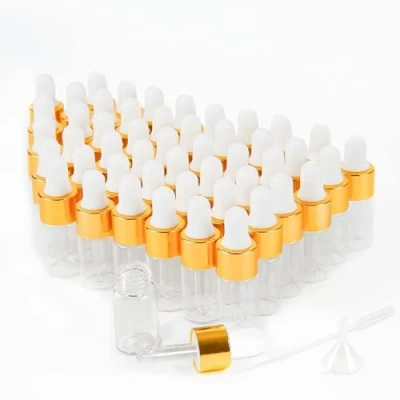 Afbeelding van XiYee Mini pipetflessen, 3/5 ml transparante glazen fles met druppelpipet, voor etherische olie, aromatherapie, massage, geuroliemonster, 50 stuks, goudkleurig, 3