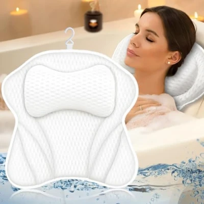 Afbeelding van BARAKYEG badkussen wit, 4D mesh nekkussen badkuip hoofdkussen comfort als nek met 6 zuignappen voor thuis spa en comfortabele badkuipen ondersteunt hoofd, nek, schouders, rug