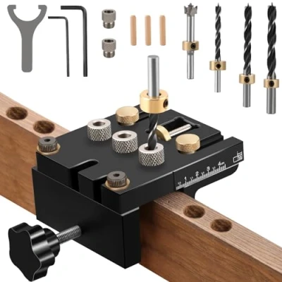 Afbeelding van 6/8/10 mm boorsjabloon, zelfcentrerende plugkit voor houtbewerking, exacte pluggaten, met positioneringsclip, instelbare boorgeleiding, stanslocator timmergereedschap