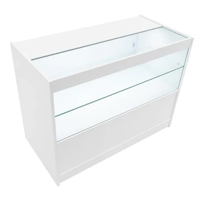 Afbeelding van Wit Winkel Toonbank LED Verlichting C1200 Afsluitbaar Schuifdeuren 2 Sleutels Detailhandel Opbergkast Glas Vitrine Display Kast Receptie Bureau 3 Planken Open 1 Gesloten Schappen Witte Lampen