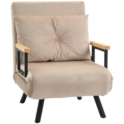 Afbeelding van HOMCOM Slaapbank, opklapbed met bedfunctie, relaxstoel rugkussen, gestoffeerde bank verstelbare rugleuning, fluwelen look, 63 x 73 81 cm, beige