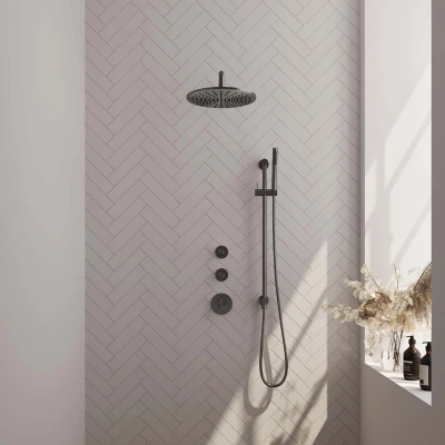Afbeelding van Brauer Gunmetal Edition Regendouchesets inbouw hoofddouche 30cm Wandarm glijstang met inbouwdeel Gladde knoppen handdouche Staaf 1 stand