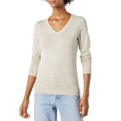 Afbeelding van Amazon Essentials Klassieke pasvorm lichtgewicht trui met lange mouwen en V hals voor dames (verkrijgbaar in grote maten), havermout heather, S