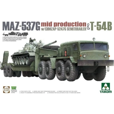 Afbeelding van 1:72 Takom 5013 MAZ 537G w/ChMZAP 5247G Semi trailer mid production &amp; T 54B Plastic Modelbouwpakket