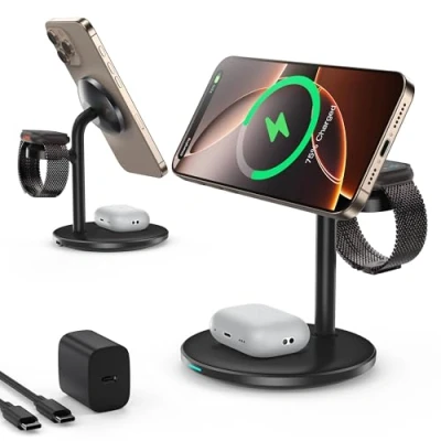 Afbeelding van 3 in 1 draadloos laadstation, inductief 15 W draadloze oplader, compatibel met iPhone 16, 15, 14, 13, 12 Pro Max/Plus, iWatch Ultra 10/9/8/7/SE/6/5/4, AirPods zwart