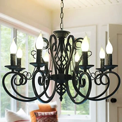 Afbeelding van Ganeed Franse landelijke kroonluchters, 8 Lights Keukeneiland kaarsen ijzer kroonluchter, industriële vintage hanglamp voor boerderij, eetkamer, slaapkamer, foyer