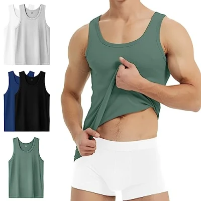 Afbeelding van YouShow Onderhemd voor heren, 3/5 stuks, 100% katoen, tanktop, fijne rib, 1 x zwart + wit grijs marine olijf, XXL