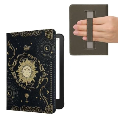 Afbeelding van kwmobile E reader hoesje geschikt voor Amazon Kindle Paperwhite (2024)/Colorsoft hoes flip case met magneetsluiting Ereader cover Tarotkaart design in donkerblauw / geel zwart