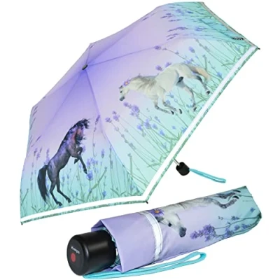 Afbeelding van Knirps 4Kids opvouwbare kinderparaplu met reflecterende rand, Wild Horses, 90 cm, zakparaplu handopener