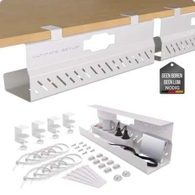 Afbeelding van Premium kabelgoot bureau zonder boren Ideaal kabelbeheer voor bureau, Kabelbak Kabelgeleiding tafel Kabel organizer Kabelhouder (Wit, 2er Set)