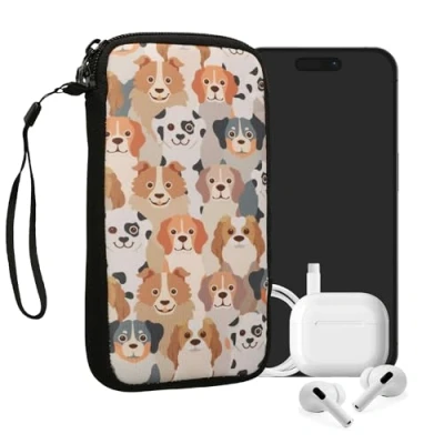 Afbeelding van kwmobile hoesje voor smartphones L 6,5&quot; hoes van Neopreen Honden Ontwerp design wit / lichtbruin grijs binnenmaat 16,5 x 8,9 cm