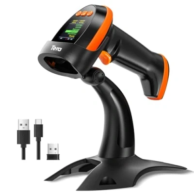 Afbeelding van Tera Barcodescanner Wireless 2D met standaard: Pro versie digitaal instellingsscherm en toetsenveld werkt Bluetooth 2.4G draadloze USB kabel extra snelle handheld HW0009 Z oranje