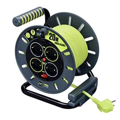Afbeelding van Masterplug Pro XT 4 voudige verlengkabel met open wikkeling, thermosnede en netschakelaar, 20 meter lange kabel hoge zichtbaarheid, groen