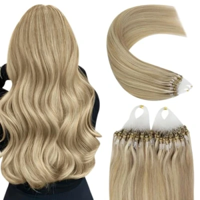 Afbeelding van YoungSee Micro Kralen Hair Extensions Blonde Microloop Donker Ash Hoogtepunten Gouden Ringen Menselijk Haar Hoogtepunt 22 inch