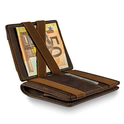 Afbeelding van WEST Magic Wallet (Classic) RFID Data Protection Portemonnee voor mannen Groot muntencompartiment Elegante geschenkverpakking inbegrepen Perfecte metgezel onderweg (Bruin Oranje)