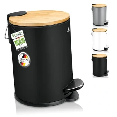 Afbeelding van Exitoso Kleine Badkamerafvalbak Zwart 3L Cosmetica Bamboe Antislip RVS Pedaalemmer Badkamer met Soft Close Deksel Zwarte Accessoires Vuilnisbak 3 Liter