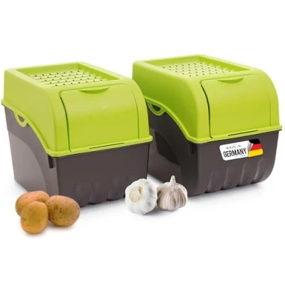 Afbeelding van Novaliv Aardappelopbergdoos, 2 x groot, 9 liter, groen, aardappelbox, groentebox, stapelbaar, uienbox, aardappelmand, fruitcontainer, aardappelkist, uien, opslag, vershouddoos wortelen