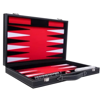 Afbeelding van Backgammon Spel 15 Inch Rood, Zwart &amp; Wit Ingelegd Vilt