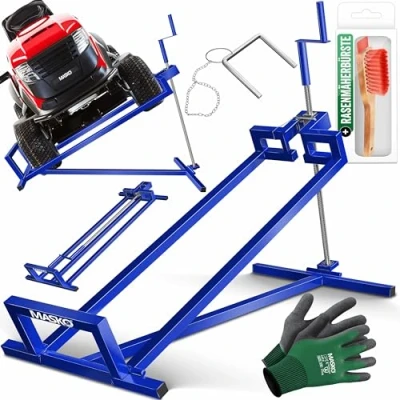 Afbeelding van MASKO® Zitmaaierkrik 400kg Lift voor Zitmaaier Zitmaaierlift Krik Systeem Universeel Grasmaaier Grasmaaierheffer 45 kanteling verstelbaar Hefbrug Reinigingshulp, Blauw
