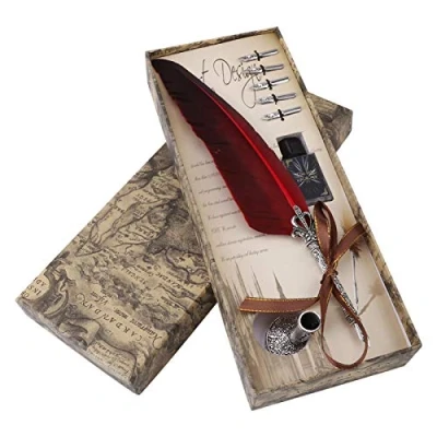 Afbeelding van Kalligrafie set ganzenveer, antieke inktpot en ganzenveer set, decoratieve dip pen vulpen vintage penpunt (rood, geen inkt inbegrepen)