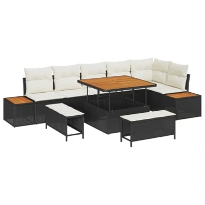Afbeelding van vidaXL 9 delige tuinset met kussens zwart poly rattan acacia