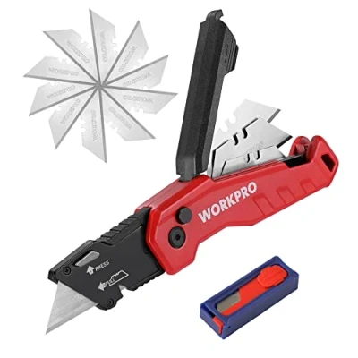 Afbeelding van WORKPRO Tapijtmes van aluminium, opvouwbaar universeel mes, cuttermes met snelwissellemmet en riemclip, klapmes opberger voor lemmet, 13 extra messen, rood