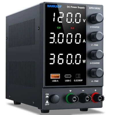 Afbeelding van Regelbare laboratoriumvoeding, 30 V, 10 A, variabele DC voeding met USB A/type C snellaadpoort, zeer nauwkeurig 4 led display (DPS1203U (120V/3A))