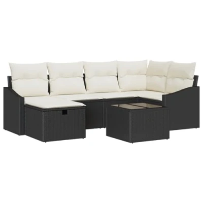 Afbeelding van vidaXL 7 delige tuinsofa set met kussens zwart poly rattan
