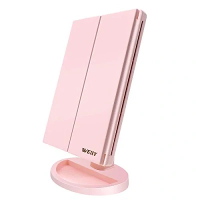 Afbeelding van WEILY Verlichte make upspiegel 1 x / 2 3 vergroting driebladig met 36 LED lampjes touchscreen en USB oplaadbaar, 180 graden verstelbare standaard voor aanrecht cosmetische (roze)