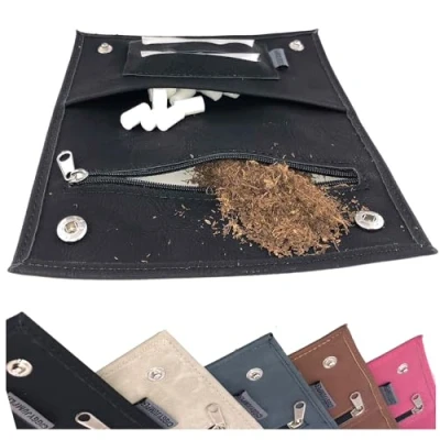 Afbeelding van Tabakstas used Leather touch tabakszak voor draaitabak met vakken filter vloeitjes aansteker (2.) Black Double)