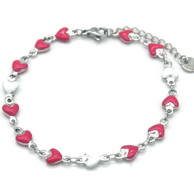 Afbeelding van Armband Dames Hartjes RVS Lengte 17 21 cm Zilverkleurig en Roze