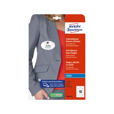 Afbeelding van Avery Zweckform Zelfklevende Naambadges, Ovaal 85 X 50 Mm, Wit, Inkjet, 200 Etiketten, 20 Vellen Tafelnaamhouder