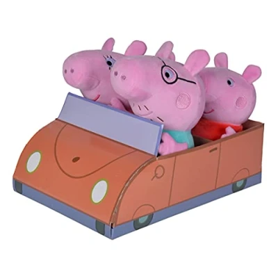 Afbeelding van Simba 109261006 Peppa Pig 4 delige familieset in de auto, Schorsch 16cm, 17,5cm, Mama 19cm, en papa 20cm, verpakt auto van karton, vanaf eerste levensmaanden