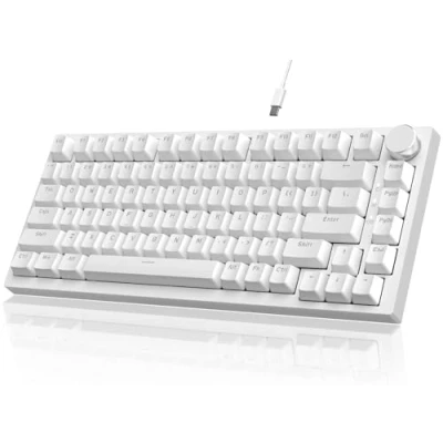 Afbeelding van YINDIAO Ajazz AK820 Mechanisch Toetsenbord met Knop,75% ANSI Indeling,81 Toetsen Bedraad Gamingtoetsenbord,5 Geluidsabsorberend Schuim,Hot Swappable,Rode Schakelaar,Ijsblauw Licht,voor PC,MAC (Wit)